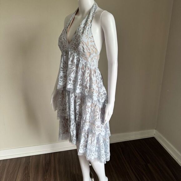 BCBGMAXAZRIA Blue Ruffle Lace Halter Dress - Picture 2 of 10